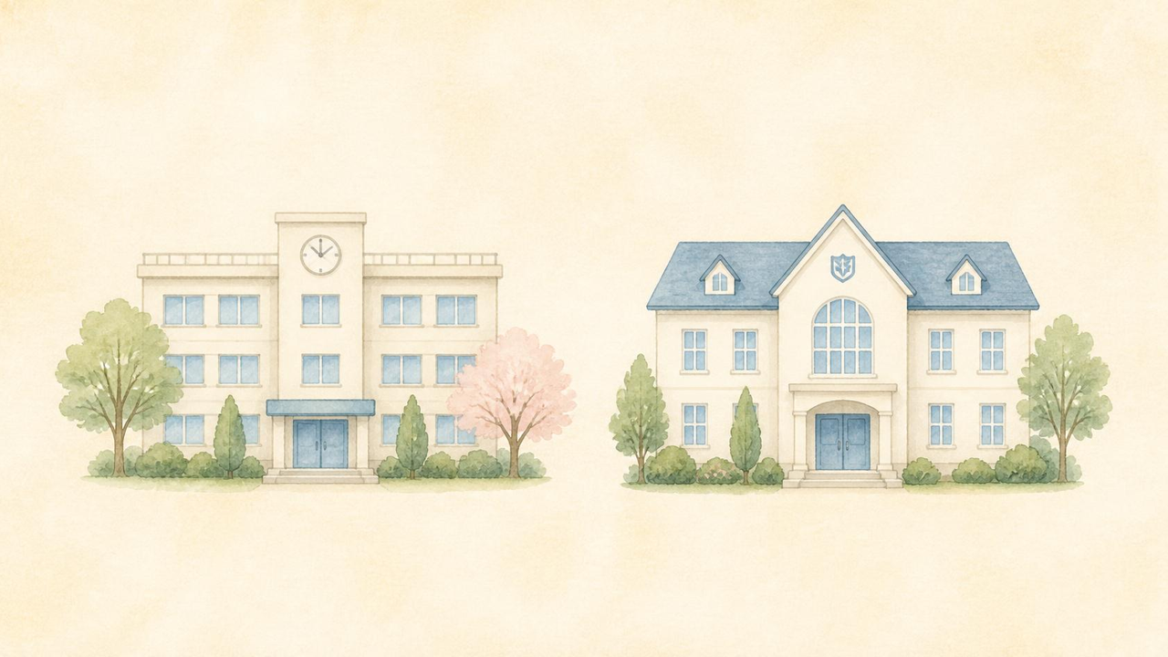中学は公立と私立どっちがいいか アイキャッチ画像（クリーム/ベージュ系背景に水彩風の公立中学校舎と私立中学校舎のイラストを中央配置）