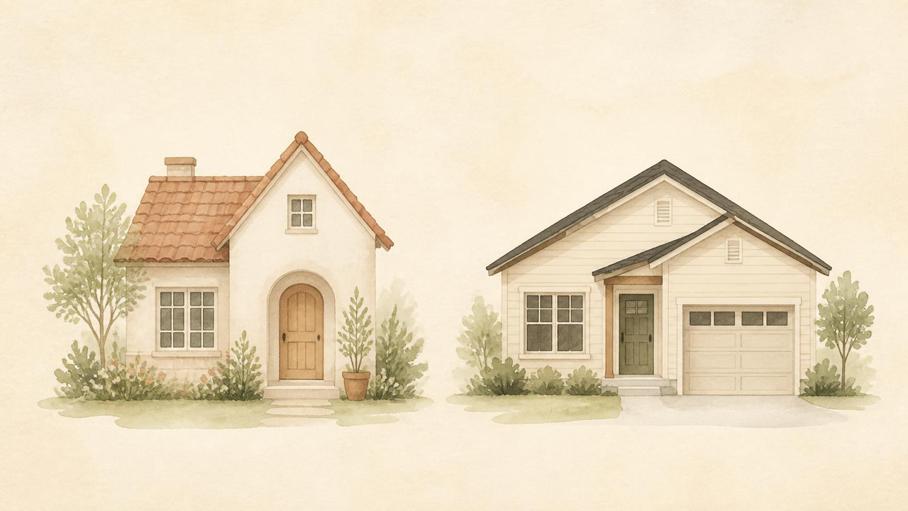 注文住宅と建売どっちがいいか アイキャッチ画像（クリーム/ベージュ系背景に水彩風の2棟の家のイラストを中央配置）