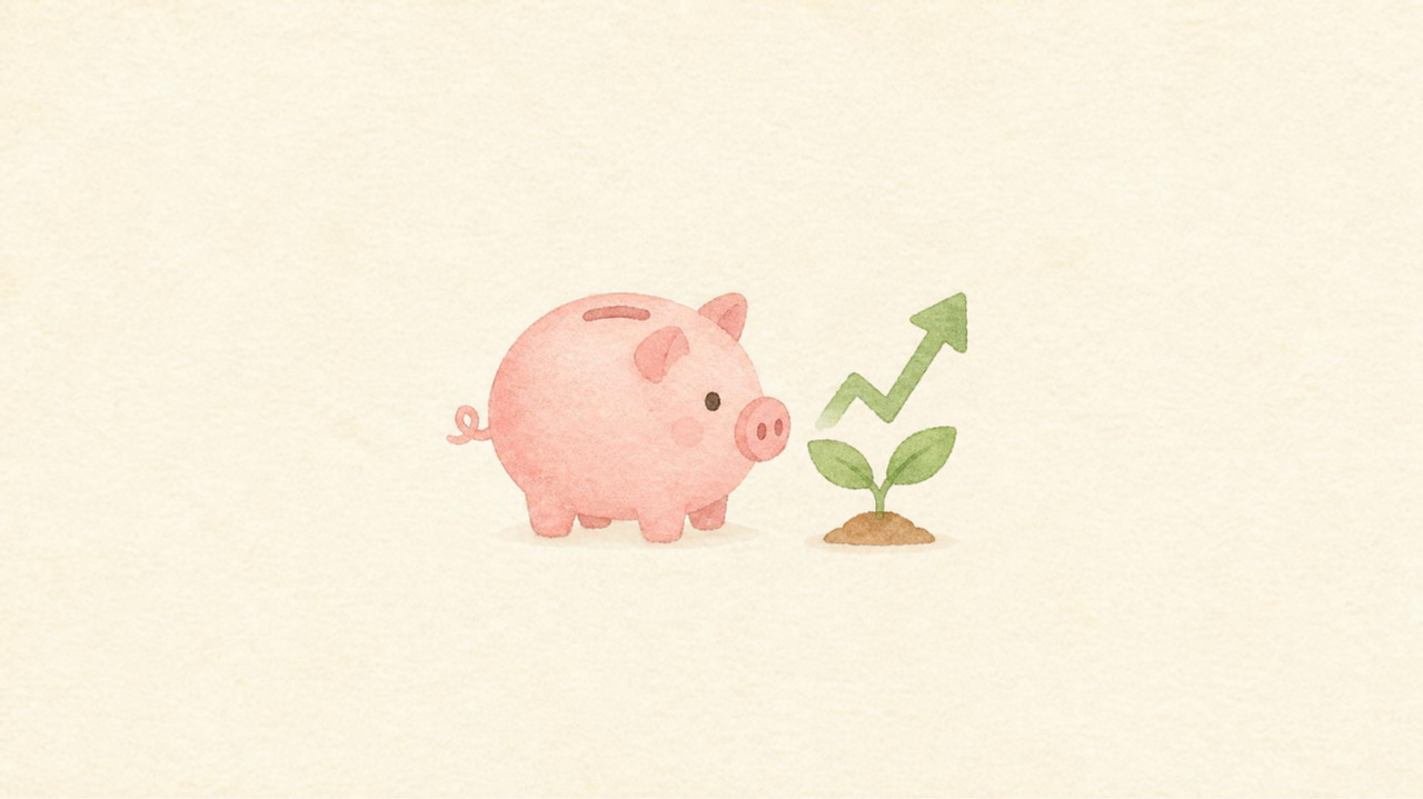 貯金と投資 アイキャッチ画像（クリーム背景に水彩風の貯金箱と成長アイコン）