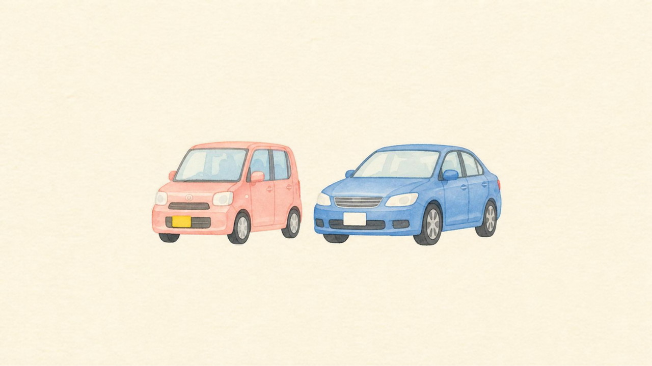 軽自動車と普通車 アイキャッチ画像（クリーム背景に水彩風の2台の車アイコン）