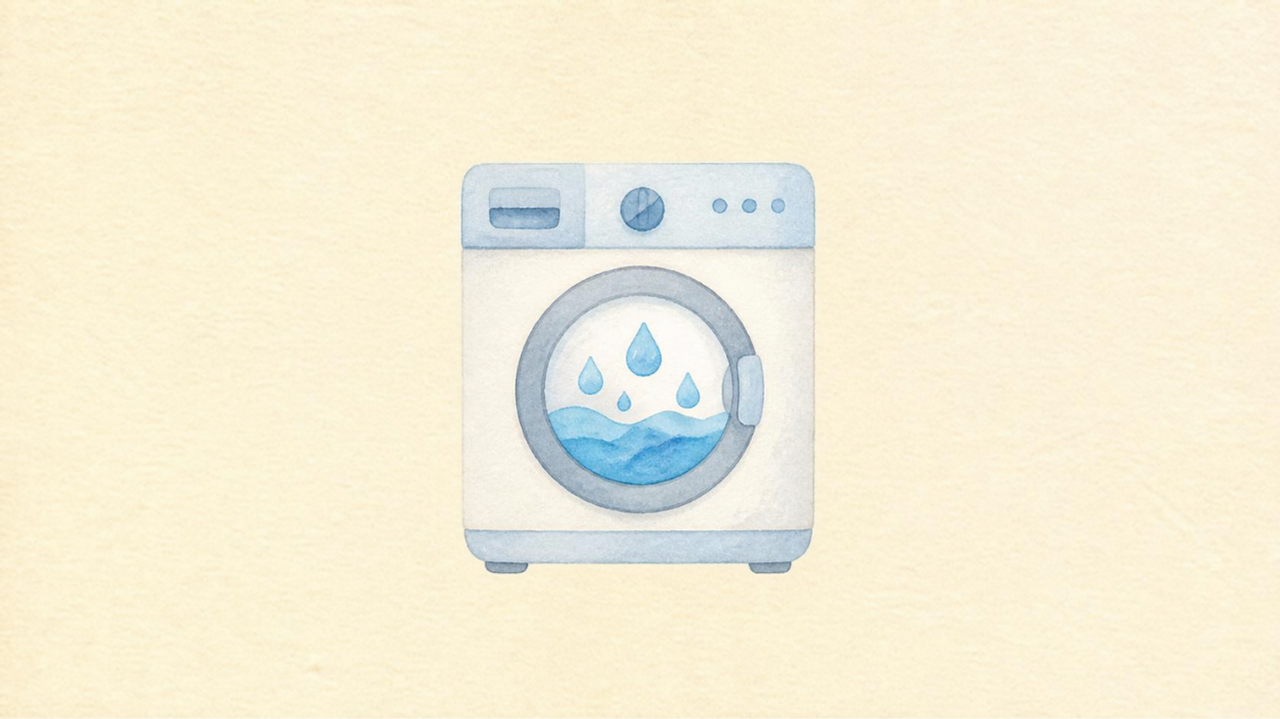 洗濯機の選び方 アイキャッチ画像（クリーム背景に水彩風のドラム式洗濯機アイコン）