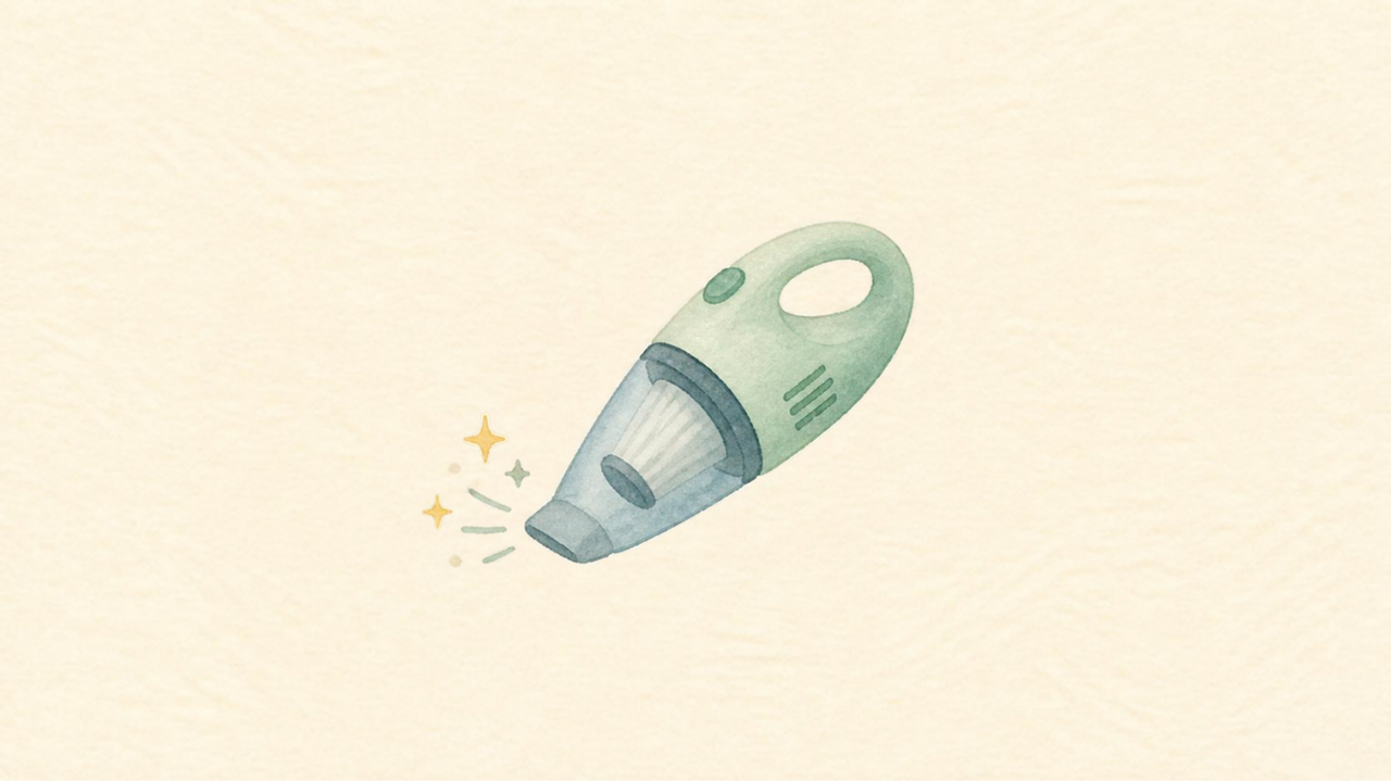 掃除機の選び方 アイキャッチ画像（クリーム背景に水彩風のハンディ掃除機アイコン）