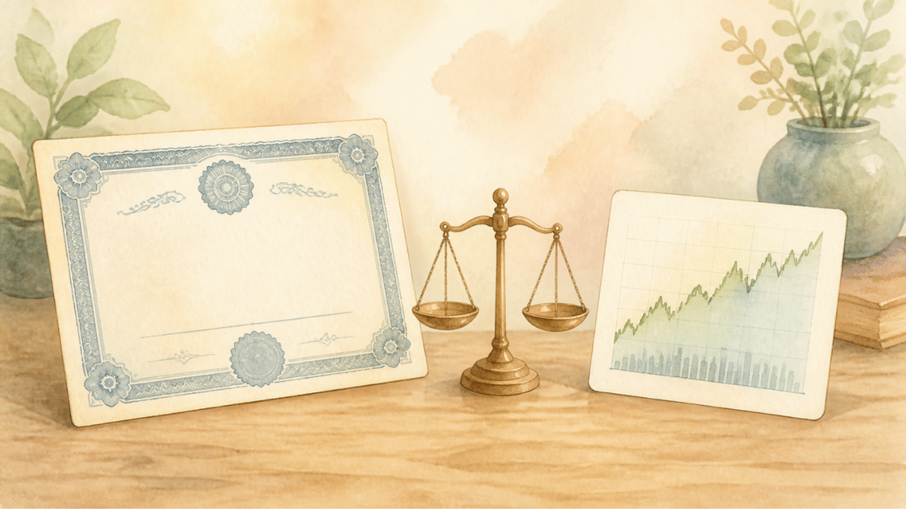 債券証書と株価チャートを表した抽象パステルイラスト